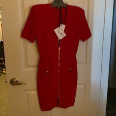 Gorgeous Red, Zip Front Designer Red Party Dress, Designer Red Fitted Dress, Designer Fitted Red Dress, Formal Red Short Sleeve Bodycon Dress, Red Short Sleeve Bodycon Dress For Formal Occasions, Red Short Sleeve Bodycon Dress For Formal Events, Balmain Style, Balmain Dress, Paris Dress