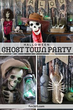 halloween ghost town party with skeleton decorations