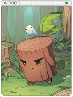 a bird sitting on top of a tree stump in the forest with another bird perched on top of it