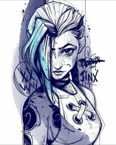 a drawing of a woman with blue hair