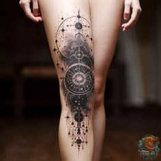 a woman's thigh with an artistic tattoo on it