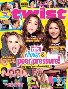 a magazine cover with two girls on the front and one boy on the back,