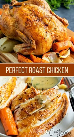 top portion is whole roast chicken with roasted carrots. Bottom portion is sliced roast chicken with gravy being dumped on the chicken. Ina Garten Roast Chicken, Perfect Roast Chicken, Oven Chicken Recipes, Ina Garten Recipes, Avocado Dip