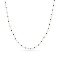 Elevate your attire with this beaded chain necklace. 14K gold Small cobalt blue enamel beads are stationed at regular intervals along the link chain 2.3mm width 17.0- to 18.0-inch adjustable chain; spring-ring clasp Blue Dainty Chain Necklace With Delicate Chain, Dainty Blue Necklaces With Satellite Chain, Dainty Blue Necklace With Satellite Chain, Dainty Blue Chain Necklace With Delicate Chain, Blue Dainty Chain Necklace, Dainty Blue Delicate Chain Necklace, Dainty Blue Chain Necklace With Adjustable Chain, Dainty Blue Beaded Necklaces With Delicate Chain, Dainty Blue Beaded Necklace With Delicate Chain