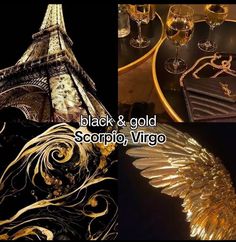 black and gold scorpio, virgo with the eiffel tower in the background