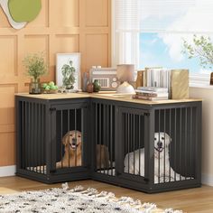 two dogs are sitting in their kennels on the floor next to each other