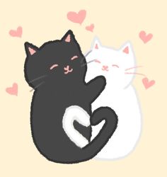 two cats hugging each other with hearts in the background