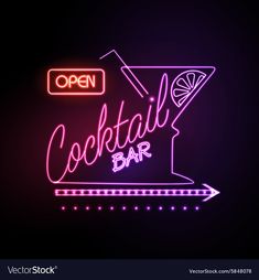 neon cocktail bar sign on dark background