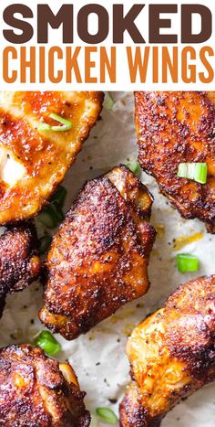 grilled chicken wings on parchment paper with text overlay