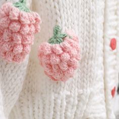 Thick chunky knit cropped cardigan with puffy crochet strawberry pom poms. Each sweater weighs about 900g / 2lbs. 100% acrylic knit 24" across shoulders, 44" chest, 16-17" length Puffy Crochet, Strawberry Cardigan, Crochet Strawberry, Cardigan Crochet, Chunky Crochet, Knit Crop, Cropped Cardigan, Crochet Cardigan, Chunky Knit