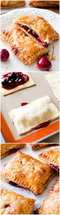 three different views of pies with cherries on them