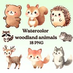 watercolor woodland animals are grouped together