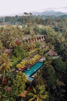 an aerial view of a resort surrounded by palm trees