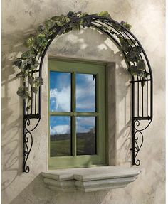 an arched window with vines on it and a sky reflected in the window pane