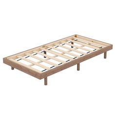 a bed frame with wooden slats on top and no mattress in the bottom section