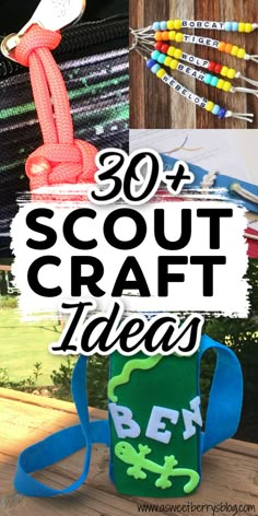 the words 30 scout craft ideas are shown in front of an image of a bag