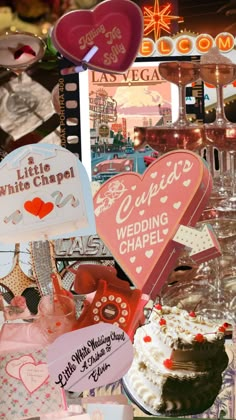 a collage of wedding cakes and other items on display in a store front window