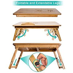 the foldable and extendable tables are shown with instructions on how to use them