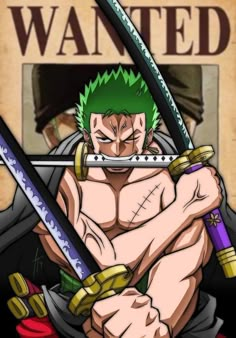 an anime character with green hair holding two swords