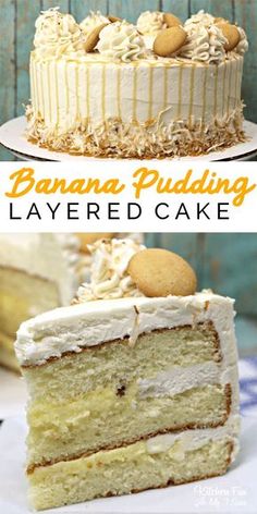 banana puddinging layered cake with white frosting and cookies on top is shown in two different pictures