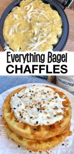 two pictures with the words everything bagel chaffles on them and an image of some waffles