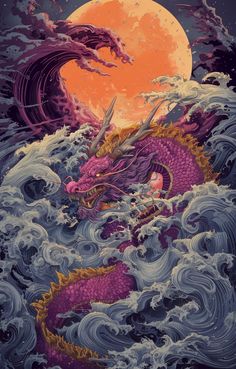 a dragon is sitting on top of the waves in front of a full moon and water