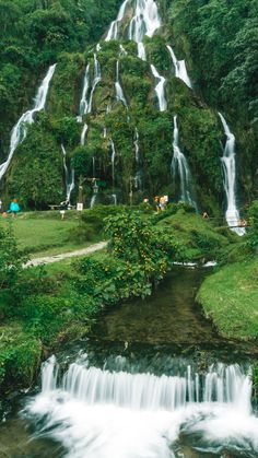 a waterfall in the middle of a lush green forest