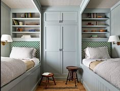 two twin beds in a room with built - in bookshelves