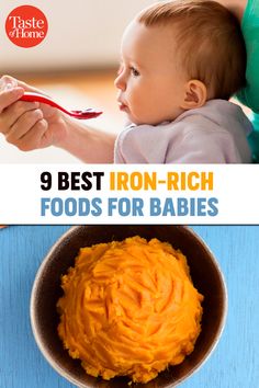 a baby eating from a spoon with the title 9 best iron - rich foods for babies