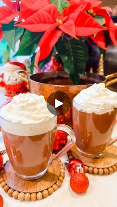 two mugs of hot chocolate with whipped cream on top and poinsettis in the background