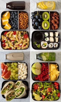 four images show different types of food in plastic containers, including fruit, vegetables and pasta