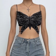 Please refer to our sizing chart for a guideline when choosing a size. 5 business days order processing time. 90% polyester 10% spandex Denim Butterfly Top Diy, Butterfly Denim Top, Fitted Embellished Tops With Spaghetti Straps, Fitted Embellished Top With Spaghetti Straps, Diy Butterfly Top, Butterfly Top Outfit, Beaded Top Outfit, Butterfly Corset Top, Acl Outfits