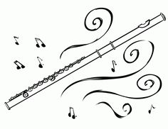 an illustration of a musical instrument with notes coming out of it and music staff in the background