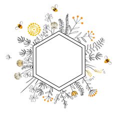 an octagonal frame surrounded by flowers and bees