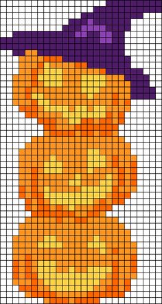 a cross stitch pattern with an orange pumpkin wearing a purple hat