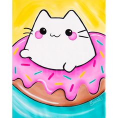 a painting of a cat with pink frosting and sprinkles sitting on a donut