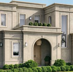 an artist's rendering of a two story house with large windows and plants on the balconies