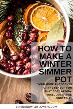 A pot with a colorful ingredients of orange skices, sage, sprigs of pine, cranberries, cinnamon sticks & cloves. Winter Simmer Pot, Simmer Pot, Home Smell, Homemade Holiday, Smell Amazing, House Smells, Canning Recipes, Smells Amazing, Contemporary House