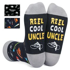 UNCLE GIFTS: These black uncle socks feature fishes, ties, glasses, hats, and watches with the hidden novelty message on the bottom, "REEL COOL UNCLE". EXTENSIVE COVERAGE: Fits a vast range, covering men's shoe sizes 7-13 and sock sizes 8-14. Each exclusive gift box contains one pair of funny socks. LUXURY STRETCH: Embrace the soft, comfortable stretch of our premium cotton blend for your calves. GREAT UNCLE GIFTS: Our cool uncle gifts are perfect for any occasion. Whether you're looking for the Uncle Birthday Gifts, Uncle Birthday, Cool Uncle, Christmas Wedding Gifts, Uncle Gifts, Fuzzy Socks, Socks For Men, Men's Shoe, Funny Socks