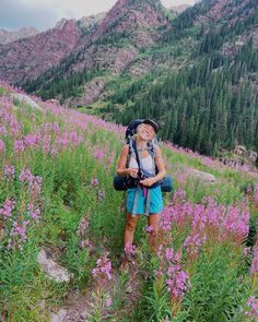 a woman with a backpack is standing on a trail surrounded by wildflowers in the mountains