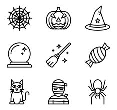 black and white halloween icons with spider, cat, pumpkin, witch's hat