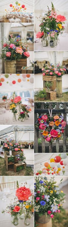 several different pictures of flowers in vases on the ground and at the end of each photo