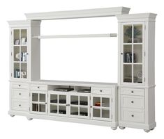 a white entertainment center with glass doors and shelves