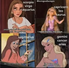 some disney princesses are talking to each other about their zodiac signs and how they describe them