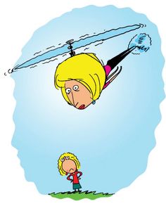 a cartoon drawing of a woman flying through the air with a helicopter above her head