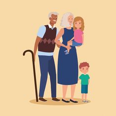 an old man, woman and child are standing next to each other with a cane