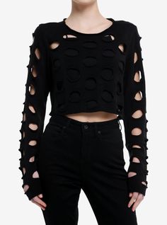 We're all about layers. This edgy  cropped sweater features an allover circular cutout pattern  plus a rolled neckline. Tank underneath not included. Cute Pullovers, Cosmic Aura, Edgy Fits, Cutesy Outfit, Haute Mess, Rock And Roll Fashion, Black White Outfit, Goth Clothing, Hot Sweater