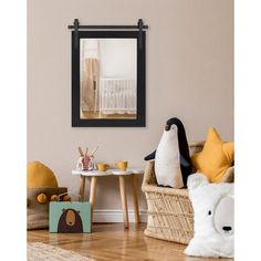 Inspired by traditional farmhouse décor, this wall mirror has a barn door-like appearance with a rustic, wood frame, and raw iron metal brackets securing it to your wall. This mirror is an excellent feature in any room thanks to its transitional style and convenient screw-in installation technique. It's easy to use as a living room or entryway accent, or as a bathroom mirror and vanity. The distressed look and finish of the frame add to its farmhouse-style charm and would look great in a kitchen Bathroom Mirror And Vanity, Traditional Farmhouse Decor, Farmhouse Vanity, Rustic Wall Mirrors, Black Wall Mirror, Barn Door Designs, Iron Accents, Rustic Wood Frame, Traditional Farmhouse