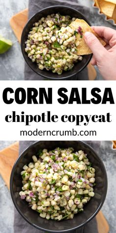 corn salsa in two black bowls with tortilla chips