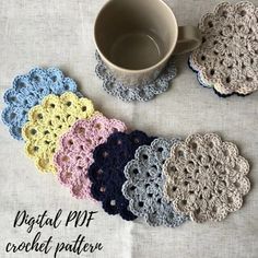 several crocheted coasters and a coffee cup on a table with the text, digital plot crochet pattern